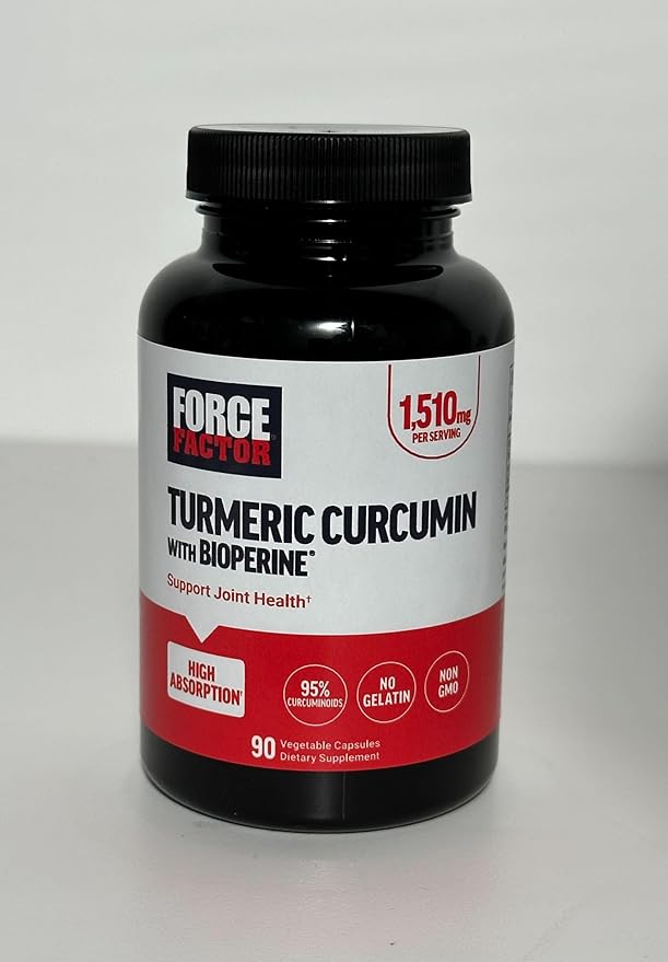 Force Factor Turmeric Curcumin Supplement with Black Pepper, Joint Support Supplement with BioPerine for Enhanced Absorption, No Gelatin, Non-GMO, 90 Capsules