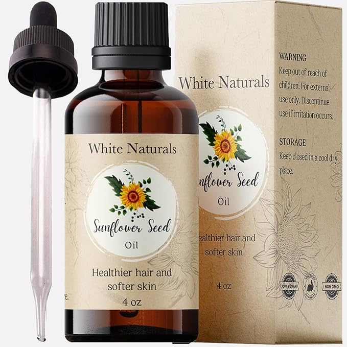 White Naturals Sunflower Seed Oil, Pure and Natural, Cold-Pressed, for Skin Care, Massage, Hair Care, and to Dilute Essential Oils, 4 fl oz