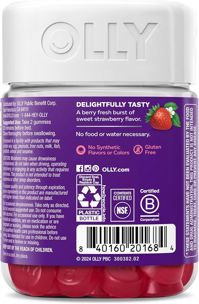 OLLY Sleep Gummy, 3 mg Melatonin, L-Theanine, Chamomile, Lemon Balm, Sleep Aid, Strawberry, 60 Count