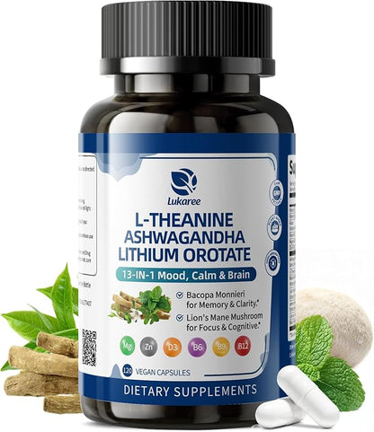 Lithium Orotate 5/10mg, L-Theanine 200mg, Ashwagandha 300mg - Mood Focus Memory Brain Supplements with Bacopa Monnieri, Lion’s Mane, Magnesium, Zinc D3 B6 Folate B12 - 120 Vegan Capsules, 2 Months