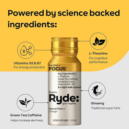 Ryde: Focus Shot | Orange Flavor | L-Theanine & Ginseng | Green Tea Caffeine | Vitamins B2 & B7 | 0 Calories, 0 Sugar | 2 FL OZ Shots | Supports Focus* (8 Pack)