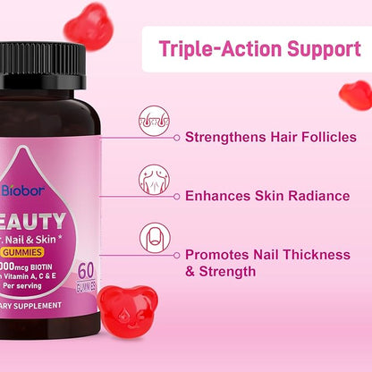 Natural 6000mcg Biotin Gummies No Sugar Added, Hair Skin and Nails Beauty Gummies with Vitamins A C E for Women Men, GMO Free, Gluten Free