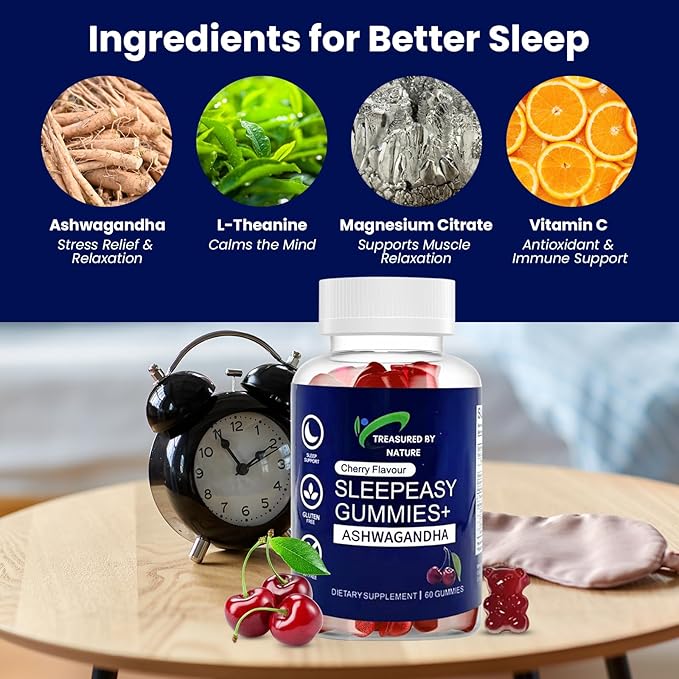 Sleep Easy Gummies Melatonin Free Nighttime Relaxation Aid with Ashwagandha, Magnesium Citrate & L-Theanine Calming Stress Relief Supplement | Gluten-Free | Non-Habit Forming