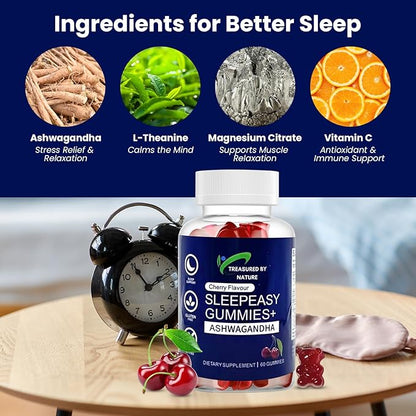 Sleep Easy Gummies Melatonin Free Nighttime Relaxation Aid with Ashwagandha, Magnesium Citrate & L-Theanine Calming Stress Relief Supplement | Gluten-Free | Non-Habit Forming