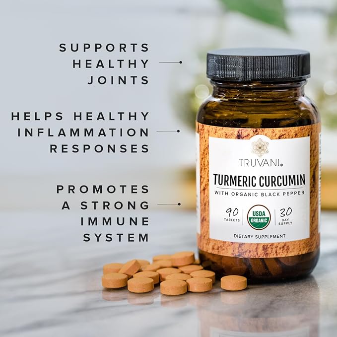 Truvani Organic Turmeric Curcumin Tablets 1,350 mg Each - Natural Joint Support with Black Pepper for Absorption - 90 Tablets