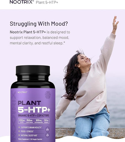 Nootrix Organic Plant 5 HTP+ Supplement | Supports Memory, Mental Focus, Cognitive Health & Energy | Promotes Healthy Mood & Brain Function | Vitamin B6 & L Theanine |60 Capsules