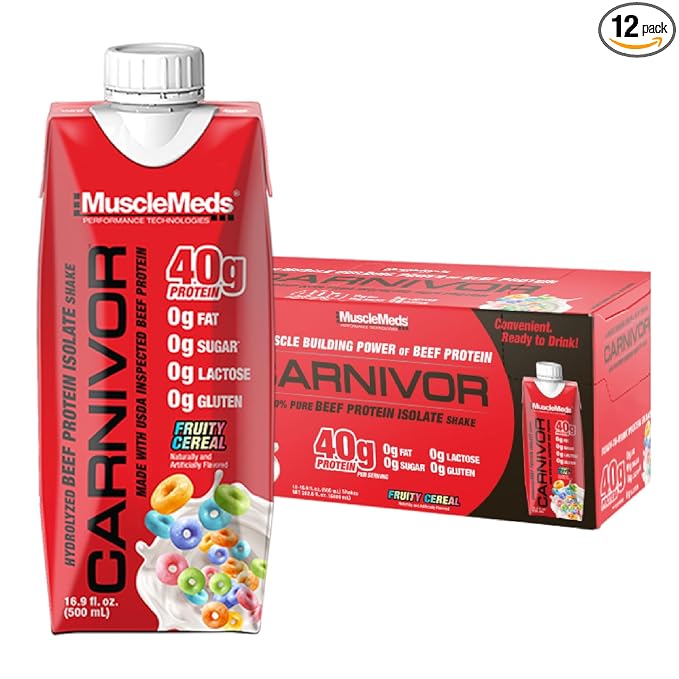 MuscleMeds Carnivor RTD, Ready to Drink Protein, Lactose Free, Sugar Free, 40g Isolate Protein, Muscle Building, Recovery, Halal Certified, Fruity Cereal, 16.9 Fl Oz (Pack of 12)