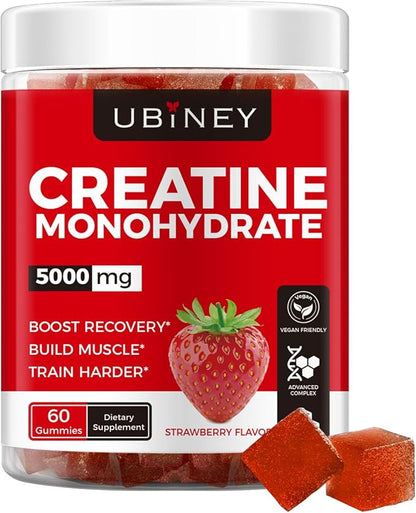 Creatine Monohydrate Gummies 5000mg – Sugar-Free, Vegan, Gluten-Free – Enhanced with Vitamin B12 & L-Taurine for Muscle Growth, Recovery & Strength – Delicious Strawberry Flavor, 60 Count