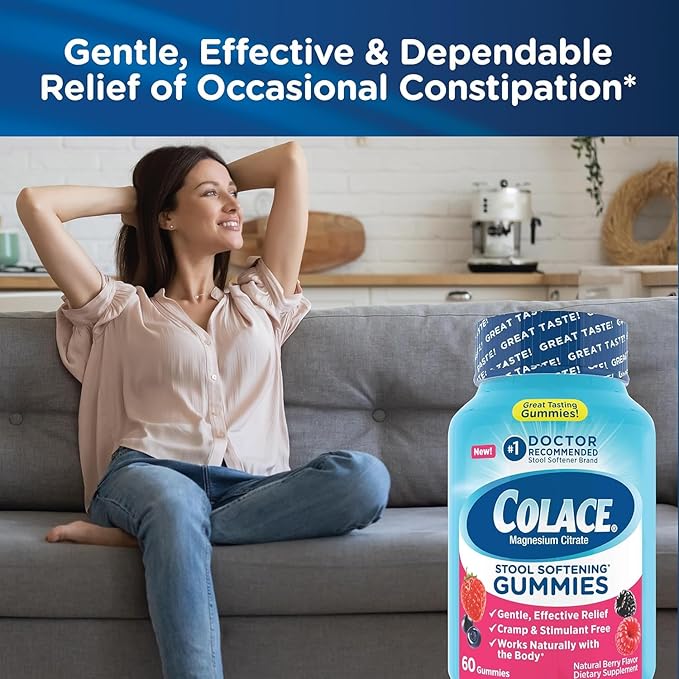 Colace Stool Softener Gummies, Gentle Dependable Constipation Relief Magnesium Citrate Gummies, No.1 Doctor Recommended Stool Softener Brand, Berry Flavored 60ct (Pack of 2)