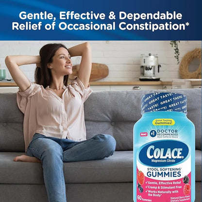 Colace Stool Softener Gummies, Gentle Dependable Constipation Relief Magnesium Citrate Gummies, No.1 Doctor Recommended Stool Softener Brand, Berry Flavored 60ct (Pack of 2)