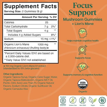 Charlotte's Web Focus Support Mushroom Gummies for Focus and Energy w/Lion’s Mane, Natural Cognitive Support Lions Mane Gummies for Adults — Tangerine Flavor (30 Servings)