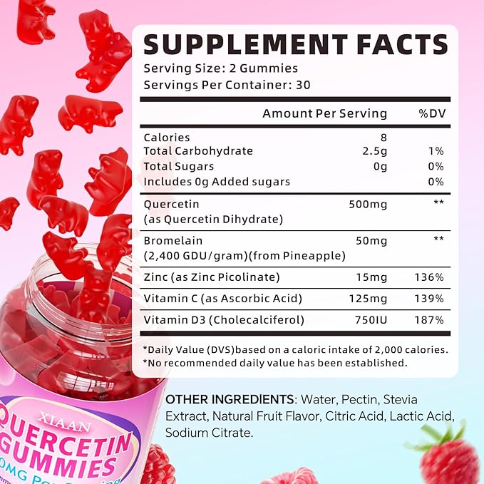Quercetin Gummies 500mg for Kids & Adults, Organic Quercetin Supplements with Bromelain Zinc Vitamin C and D3 Support Antioxidant & Immune System Health, Raspberry Flavor 120 Count