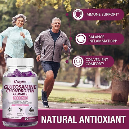 2 Packs 3000MG Glucosamine Chondroitin Gummies, Extra Strength Joint Support Supplement with MSM & Elderberry, Flexibility, Antioxidant Immune Support Gummy for Adults, Men & Women 120Cts