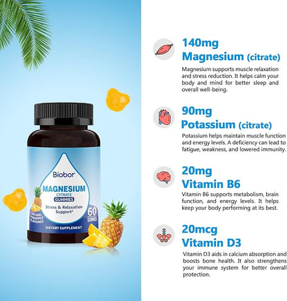 Biobor Potassium Magnesium Citrate Gummies, Magnesium Gummies Supplements with Vitamin D3, B6, Electrolyte Balance & Muscle, Stress Relaxation Support (60 Count (Pack of 1), Pineapple)