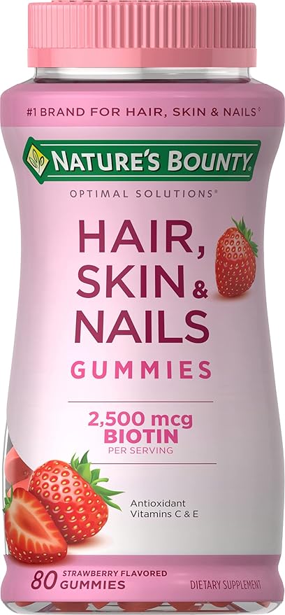 Nature's Bounty Optimal Solutions Hair, Skin & Nails Vitamin Gummies with Biotin, 2500 mcg, Strawberry, 80 Count, 40 Total Servings