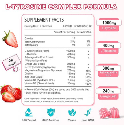 L Tyrosine Gummies, L-Tyrosine Supplement, 10-in-1 Tyrosine Gummies with Vitamin B6 D3, Tyrosine Supplement Support Cognitive, Memory, Energy, Mood for Adult & Kids, Strawberry Flavor, 60 Ct