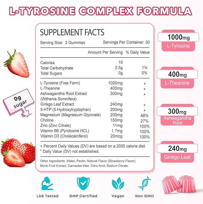 L Tyrosine Gummies, 2 Pack 10-in-1 L-Tyrosine Supplement, Tyrosine Gummies with L-Theanine B6 D3, Support Cognitive, Memory, Energy, Mood for Adult & Kids, Strawberry Flavor, 120 Ct