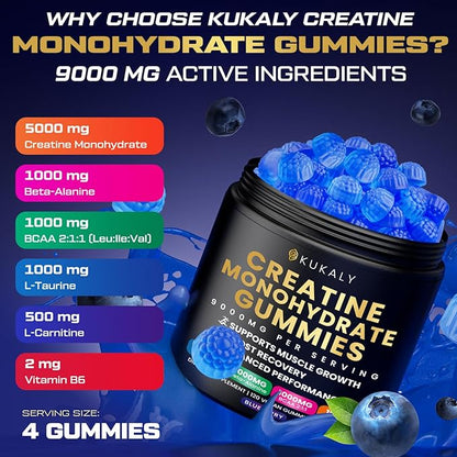 Creatine Monohydrate Gummies for Men & Women, 9000MG Creatine Gummies Sugar Free with L-Taurine, BCAA 2:1, B12 B6 for Boost Strength, Focus & Endurance, Vegan, Non-GMO, Blueberry 120pcs