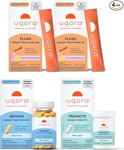 Uqora Complete Regimen with 2 Packs Flush, Defend & Promote- Urinary Tract Support with D-Mannose, Vitamin C, Green Tea Extract, Probiotics & More- Comprehensive Bladder Health Support*- 3-Part Bundle