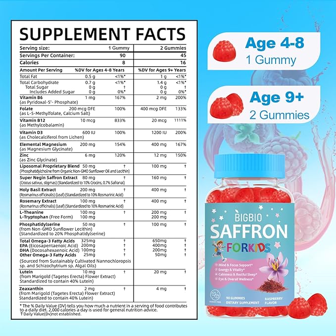 Saffron for Kids, Saffron Extract, Magnesium Glycinate, Omega-3, L-Theanine, Holy Basil, Rosemary, B6, D3 for Calm, Focus, Happy Mood, Cognition, Sleep, Sugar Free, 90 Gummies