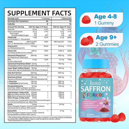 Saffron for Kids, Saffron Extract, Magnesium Glycinate, Omega-3, L-Theanine, Holy Basil, Rosemary, B6, D3 for Calm, Focus, Happy Mood, Cognition, Sleep, Sugar Free, 90 Gummies