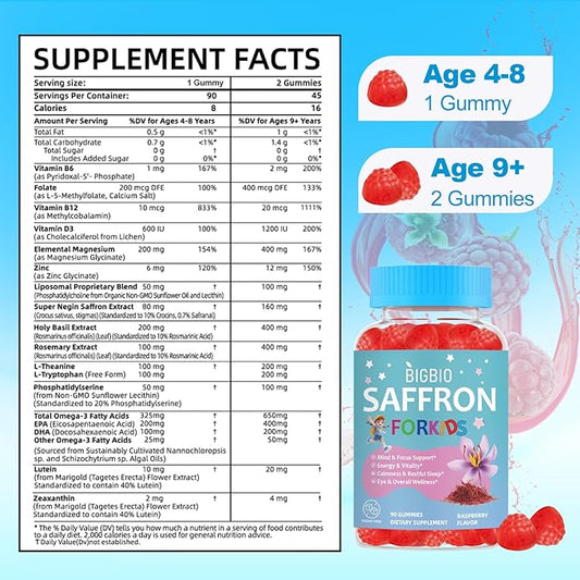 Saffron for Kids, Saffron Extract, Magnesium Glycinate, Omega-3, L-Theanine, Holy Basil, Rosemary, B6, D3 for Calm, Focus, Happy Mood, Cognition, Sleep, Sugar Free, 90 Gummies