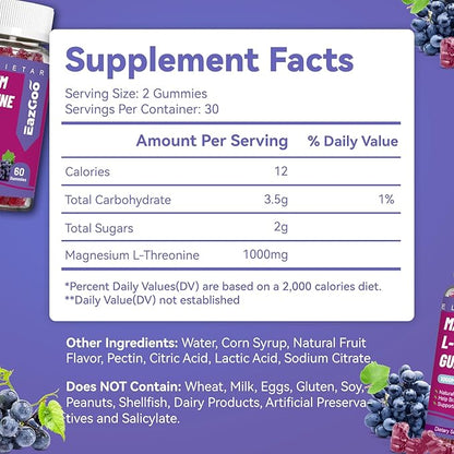 Magnesium Threonine Gummies 1000mg, L-Threonine Gummies for Adults, Great Magnesium Supplements for Brain, Non-GMO, Gluten Free, Vegan, 60 Grape Magnesium Gummies, 30 Day Supply