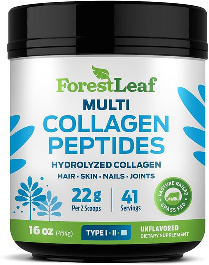 ForestLeaf Collagen Peptides Powder Unflavored - Hydrolyzed Grass Fed Keto Collagen Protein Powder Type 1, 2 & 3 - Vital Hair, Skin, Nails, Joints, Recovery, 11g Per Serving