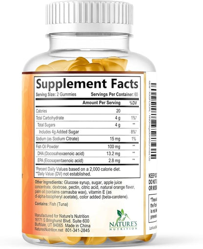Omega 3 Fish Oil Gummies - Heart Healthy Omega 3 Gummy Supplement with High Absorption DHA & EPA, Extra Strength Joint & Brain Support, Delicious Orange Flavor Fish Oil Nature's Vitamin - 120 Gummies
