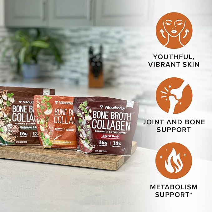 Bone Broth Collagen Powder 16g Collagen Protein per Serving Supports Joints Skin Nails & Gut Health Made from Real Beef Bone Broth Savory Collagen for Soups & Stews Mushrooms Herb Flavored 15 Servings