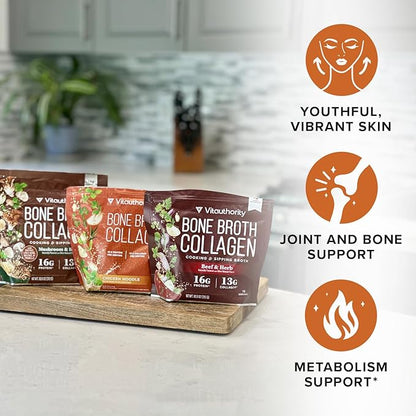 Bone Broth Collagen Powder 16g Collagen Protein per Serving Supports Joints Skin Nails & Gut Health Made from Real Beef Bone Broth Savory Collagen for Soups & Stews Mushrooms Herb Flavored 15 Servings