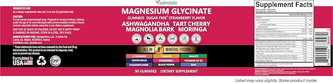 Adndale Magnesium Glycinate 400 mg Gummies with Ashwagandha, Magnesium Malate & Taurate, Tart Cherry, Magnolia Bark, Lemon Balm, Passionflower, Chamomile, L-Theanine, Zinc, Vitamin K2 & D3. 90CT