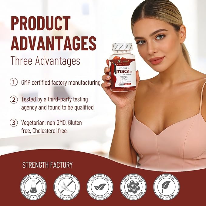 Maca Plus Gummies 3000mg, Glute Boost Vitamins for Women, Supports Curves, Energy & Skin Health, Strawberry Flavor, Vegan, 60 Count