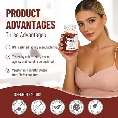 Maca Plus Gummies 3000mg, Glute Boost Vitamins for Women, Supports Curves, Energy & Skin Health, Strawberry Flavor, Vegan, 60 Count
