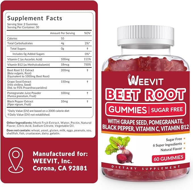 WEEVIT Beet Root Gummies, Nitric Oxide Supplement for Men Women | Organic Beet Gummy with Grape Seed, Pomegranate, Black Pepper, Vitamin C, B12