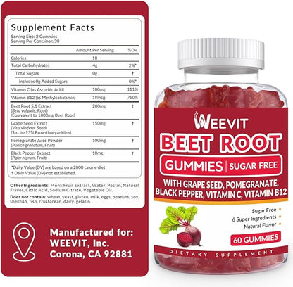 WEEVIT Beet Root Gummies, Nitric Oxide Supplement for Men Women | Organic Beet Gummy with Grape Seed, Pomegranate, Black Pepper, Vitamin C, B12