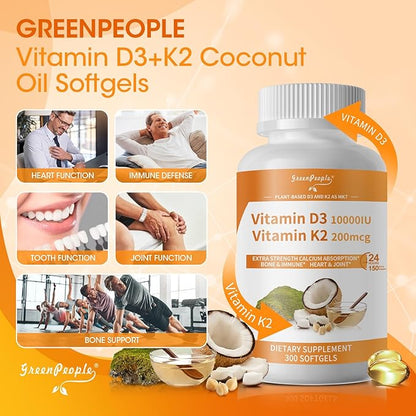 GREENPEOPLE K2 D3 Vitamin Supplement, Vitamin D-3 & K-2 MK-7, 10,000 IU/200 mcg, with Virgin Non-GMO Coconut MCT Oil | 300 Vegan Softgels | Bone Health, Immune Support