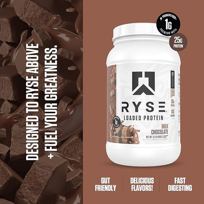 RYSE Loaded Protein Powder - Milk Chocolate - 25g Whey Protein Isolate & Concentrate with Prebiotic Fiber & MCTs - Low Carb, Low Sugar, Digestive-Friendly - 27 Servings / 2 lb Tub