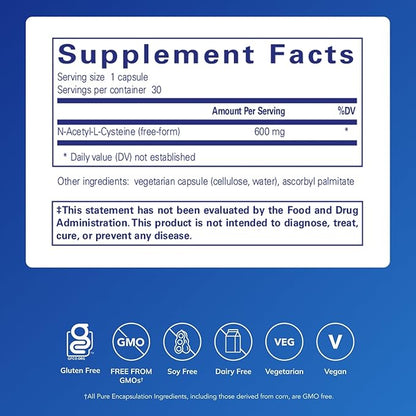 Pure Encapsulations NAC 600 mg - N-Acetyl Cysteine NAC Supplement for Lung Health & Immune Support, Liver Support & Antioxidants* - with Freeform N-Acetyl-L-Cysteine - 30 Capsules