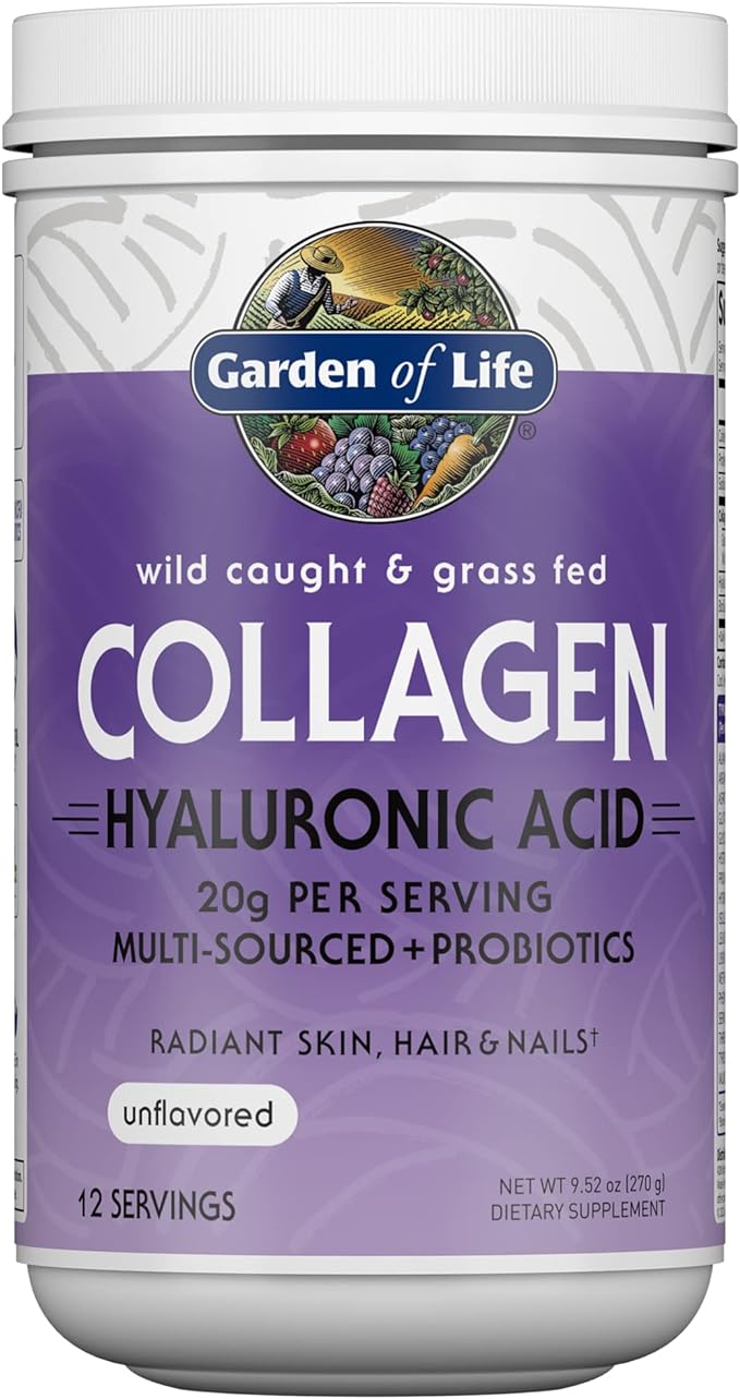 Garden of Life Marine & Grass-Fed Collagen Peptides Powder Supplement (Type I, III) with Probiotics, BCAAs & Hyaluronic Acid for Radiant Hair, Skin & Nails – Unflavored, 20g per serving, 12 Servings