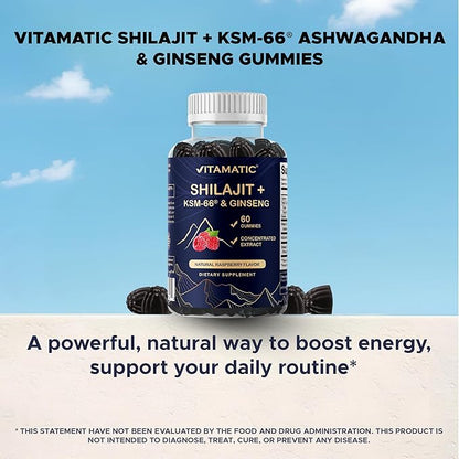 Vitamatic Shilajit with KSM-66® Ashwagandha & Ginseng Extract Gummies – Natural Raspberry Flavor – 60 Vegan Gummies - Made in USA
