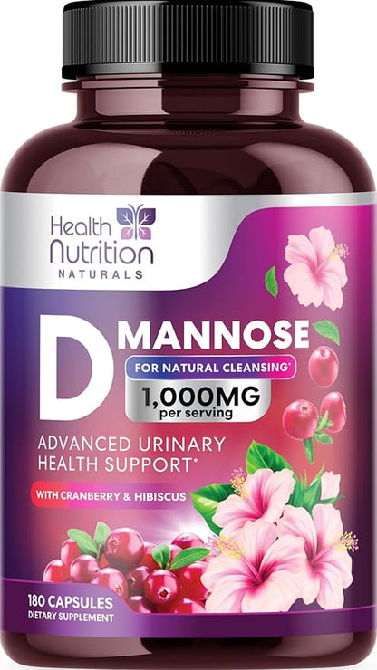 D-Mannose Supplement - 1,000mg D Mannose Per Serving with Cranberry, Hibiscus & Dandelion - Fast-Acting, Natural Urinary & Bladder Support for Women & Men – Flush & Cleanse Impurities – 180 Capsules