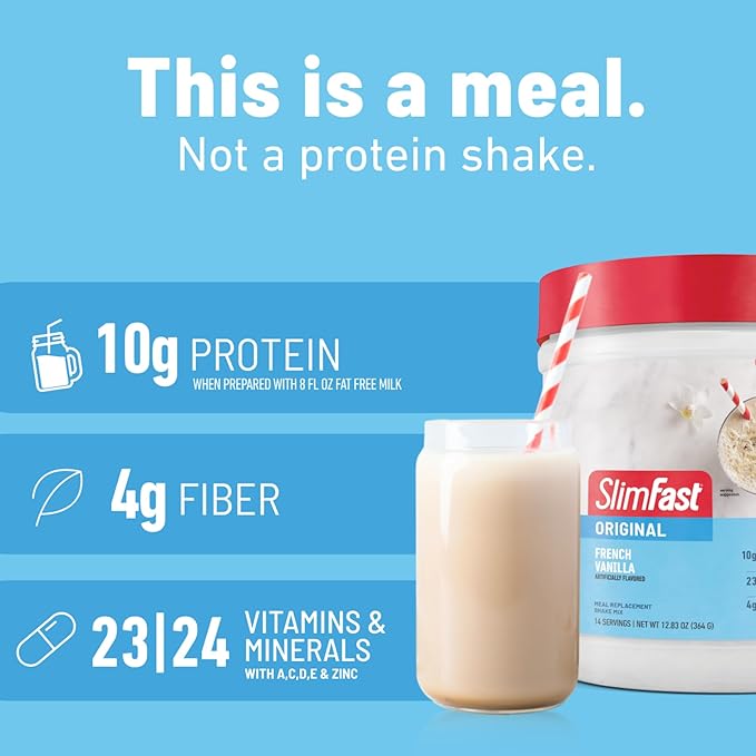 SlimFast Original Meal Replacement Powder, French Vanilla, Weight Loss Shake Mix, 10g of Protein, 14 Servings (Pack of 3) (Packaging May Vary)