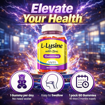 L Lysine Gummies 1000mg with Zinc - Supports Skin, Lip, Vegan, Gluten Free, 60 Chewable L-Lysine for Adults, Vitamins Tissue Health & Immune System, Amino Acid & Complex Supplements, Non-GMO(2Pack)