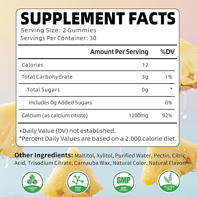 Calcium Citrate Gummies 1200mg, Chewable Calcium Supplements for Women & Men, Sugar Free Calcium Gummies for Bone, Muscle & Immune Support, Pineapple Flavor, 60 Count