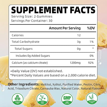 Calcium Citrate Gummies 1200mg, Chewable Calcium Supplements for Women & Men, Sugar Free Calcium Gummies for Bone, Muscle & Immune Support, Pineapple Flavor, 60 Count