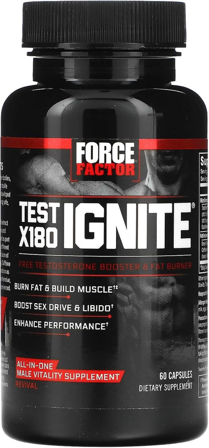 Force Factor Test X180 Ignite Total Testosterone Booster for Men with Fenugreek Seed and Green Tea Extract to Build Lean Muscle, Boost Energy, and Improve Performance, 60 Count