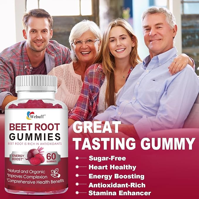 Beet Root Gummies — Nitric Oxide Booster with Organic Beet, Pomegranate & Grape Seed, Vitamin B12 — Energy, Circulation & Heart Health Support, Vegan, Non-GMO, 60 Count (Pack of 1)