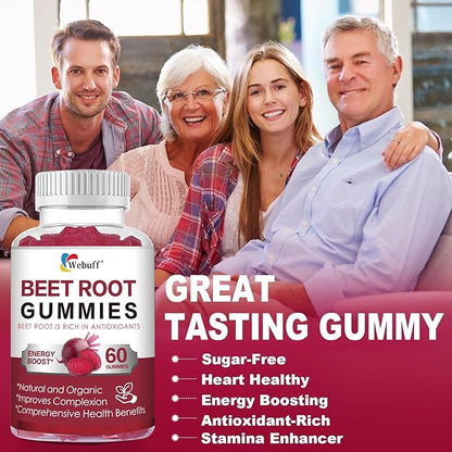 Beet Root Gummies — Nitric Oxide Booster with Organic Beet, Pomegranate & Grape Seed, Vitamin B12 — Energy, Circulation & Heart Health Support, Vegan, Non-GMO, 60 Count (Pack of 1)