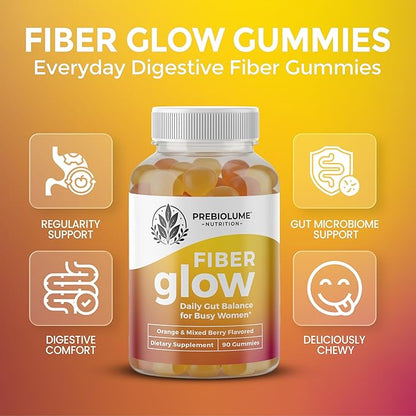 Fiber Glow Gummies – Prebiotic Fiber Gummies for Adults with Chicory Root for Digestive Health, Regularity & Gut Wellness - Vegetarian, Non-GMO, Orange & Mixed Berry Flavored, 60 Count